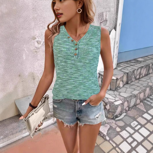 2025 Western European and American Summer Honeycomb V-neck Sleeveless Backless Button-up Top Women's T-shirt