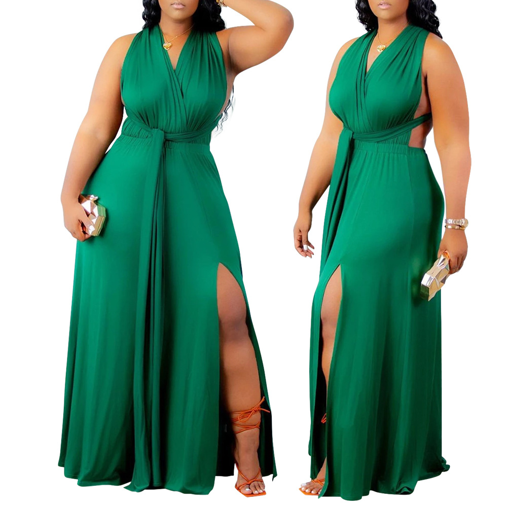 Solid Color Halter Strap Hollow Plus Size Slit Dress NSCYF80215