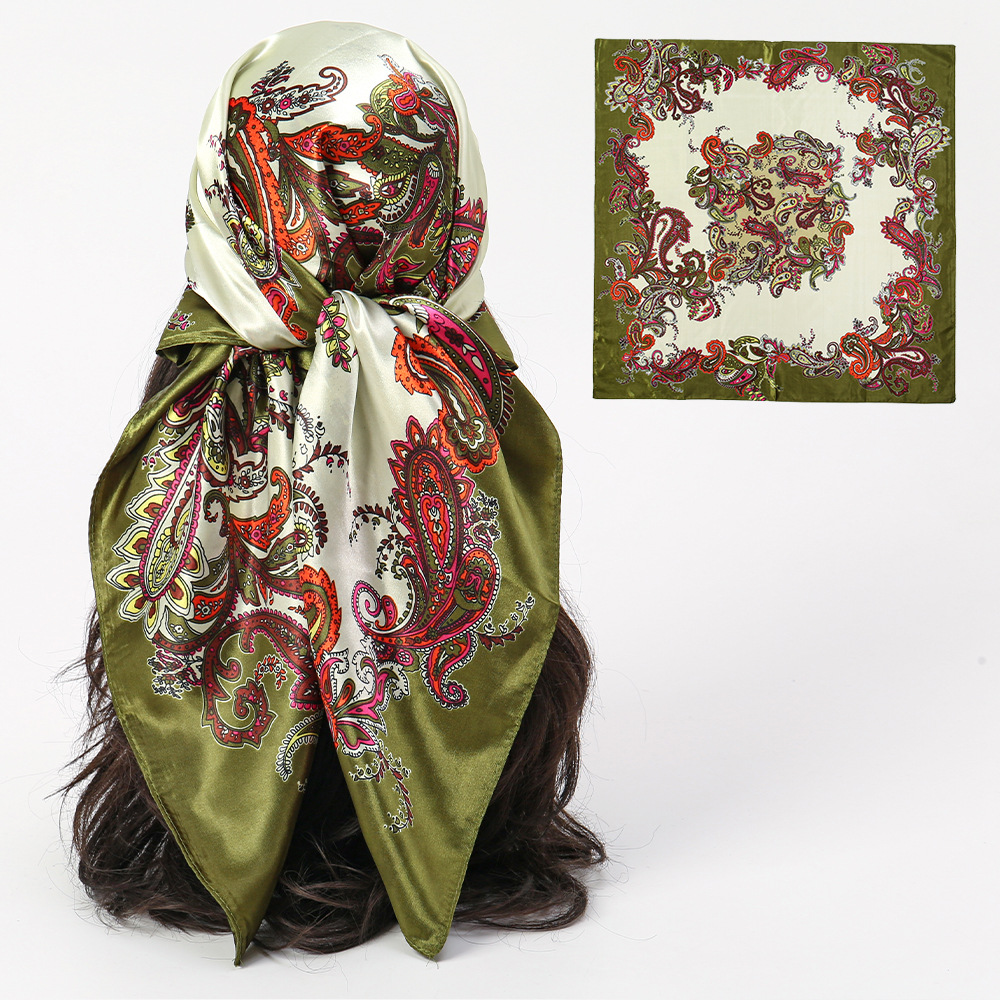 Moda y elegancia 90 satén bufanda cuadrada grande protección solar playa bufanda de seda chal patrón de flor de anacardo de doble uso collar de cinta mujer