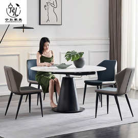 意式轻奢亮光岩板餐桌可变圆桌极简伸缩旋转变形可折叠家用小户型