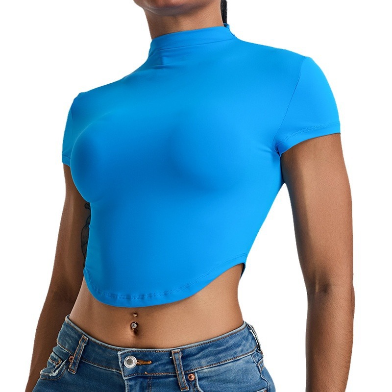 Cross-border nueva ropa de yoga delgada y delgada rápida secado universal de cuello alto chaqueta deportiva running camiseta deportiva mangas cortas