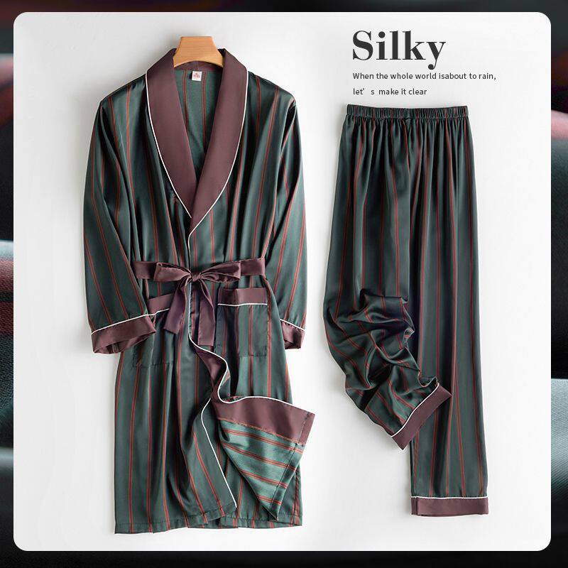 Men's Summer Silk Pajamas Set, Thin Ice Silk Sleepwear, Spring and Summer Silk Japanese-Style Striped Long Bathrobe, Men's Bathrobe Men's Summer Silk Pajamas Set, Thin Ice Silk Sleepwear, Spring and Summer Silk Japanese-Style Striped Long Bathrobe, Men's Bathrobe