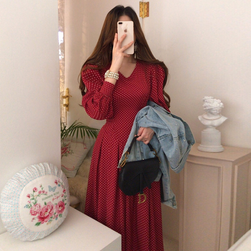 South Korea Chic Vintage Elegant Slim-fit V-neck Slim-fit High Waist Lace-up Pleated Lantern Sleeve Polo Dot dress Women