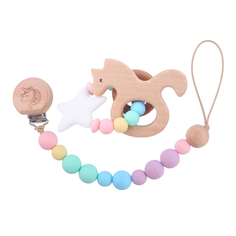 Bebé de dibujos animados animal clip de haya calmante bebé animal mordedor pulsera mordedura pegamento pezón anti-caída traje de cadena