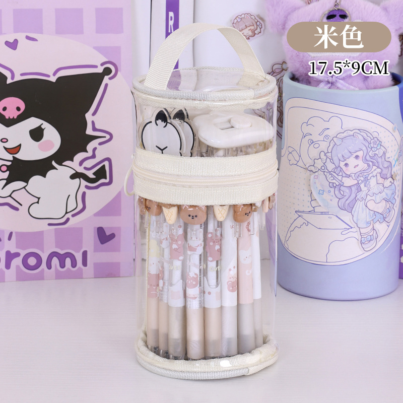 Bolsa de lápiz transparente redonda simple, caja de lápiz cilíndrico de alto valor facial, caja de papelería de almacenamiento de lápiz transparente de gran capacidad para estudiantes