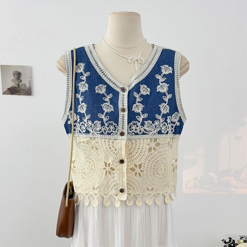 New Stylish Heavy-Duty Crochet Embroidered Denim Vest for Outerwear, Slimming, Unique, and Super Attractive Sleeveless Women's Top