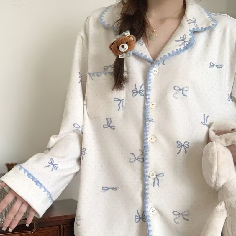 103 Polka Dot Bow Fine Velvet Home Wear Suit Autumn and Winter Sweet Pure Desire Warm Cardigan Pajamas for Women to Wear Outside