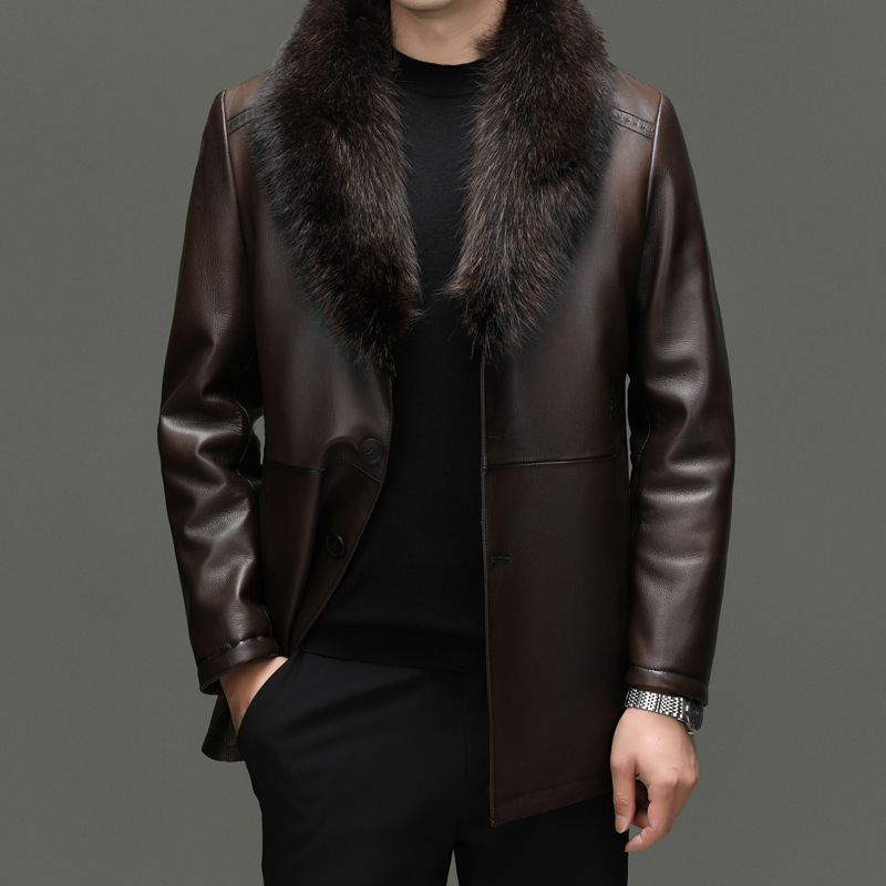 Men's Winter High-End New Genuine Leather Goatskin Mink Fur Liner Mid-Length Warm Suit Collar Leather Jacket for Men