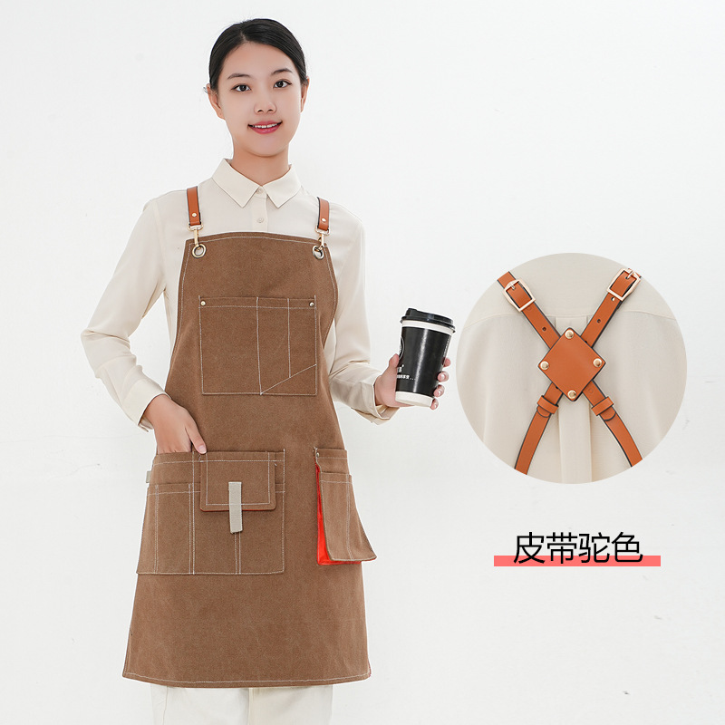 Amazon grueso delantal de lona cinturón de cinta opcional multi-Bolsillo cafetería Barber monos delantal por mayor