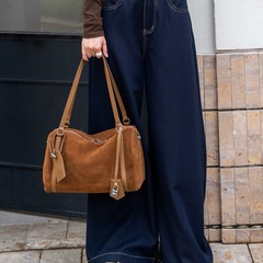 磨砂牛皮波士顿保龄球包女复古百搭通勤单肩包大容量麂皮绒托特包