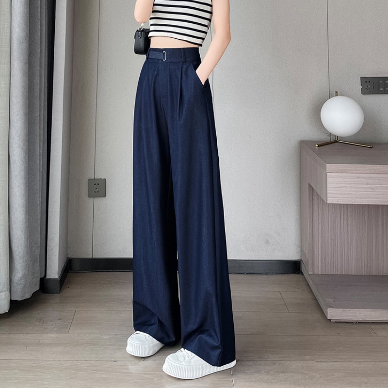 Quần jean nữ ống rộng cạp cao chất liệu mát lạnh — màu xanh đậm chi tiết 2