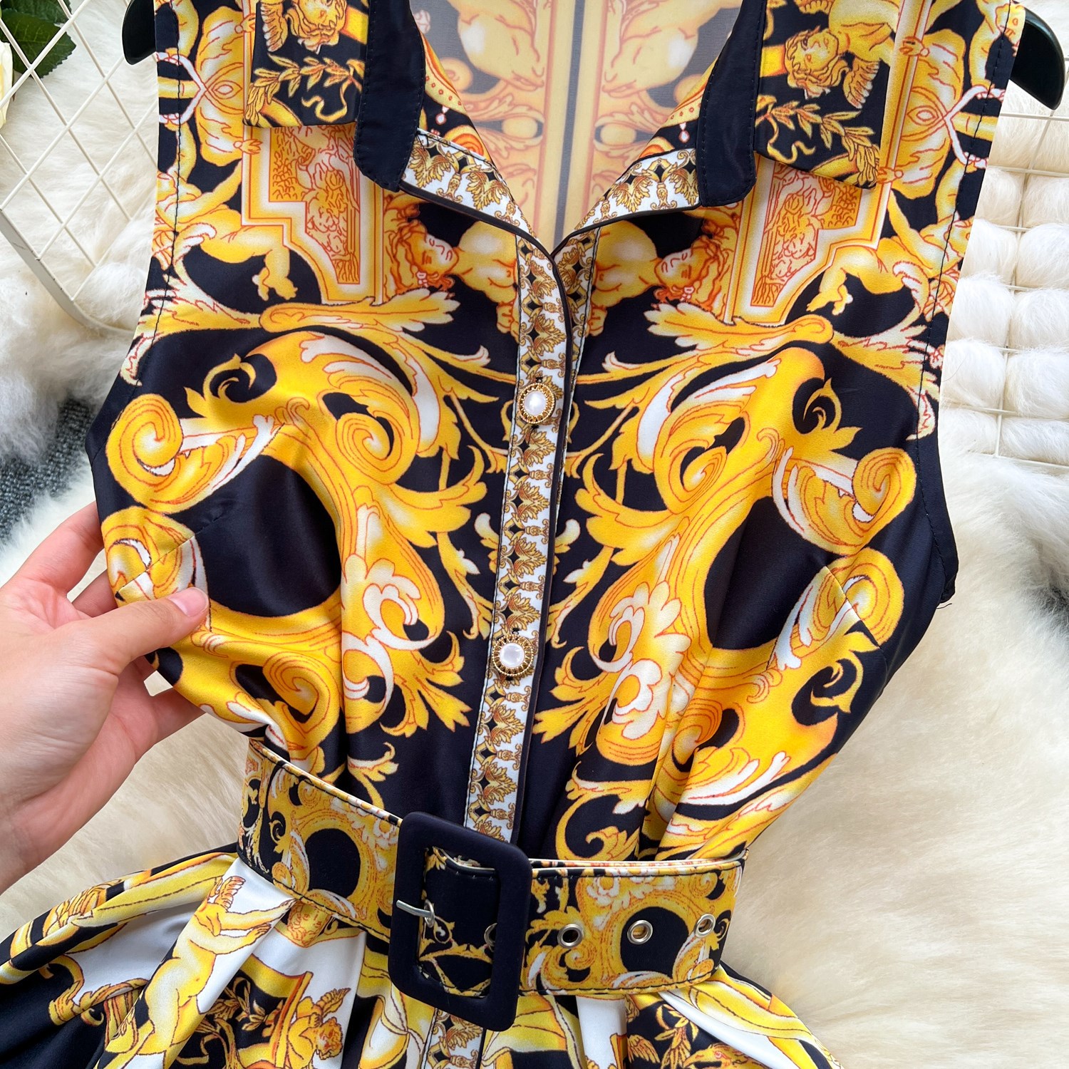 Vintage Baroque Print Sleeveless Dress – High Waist A-Line Dress With 3D Floral Embroidery (5 Sizes, Breathable Stretch Fabric)_ecoleips.com
