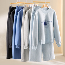 保暖加绒卫衣女圆领印花上衣直筒裤套装松紧腰裤子两件套秋冬女装