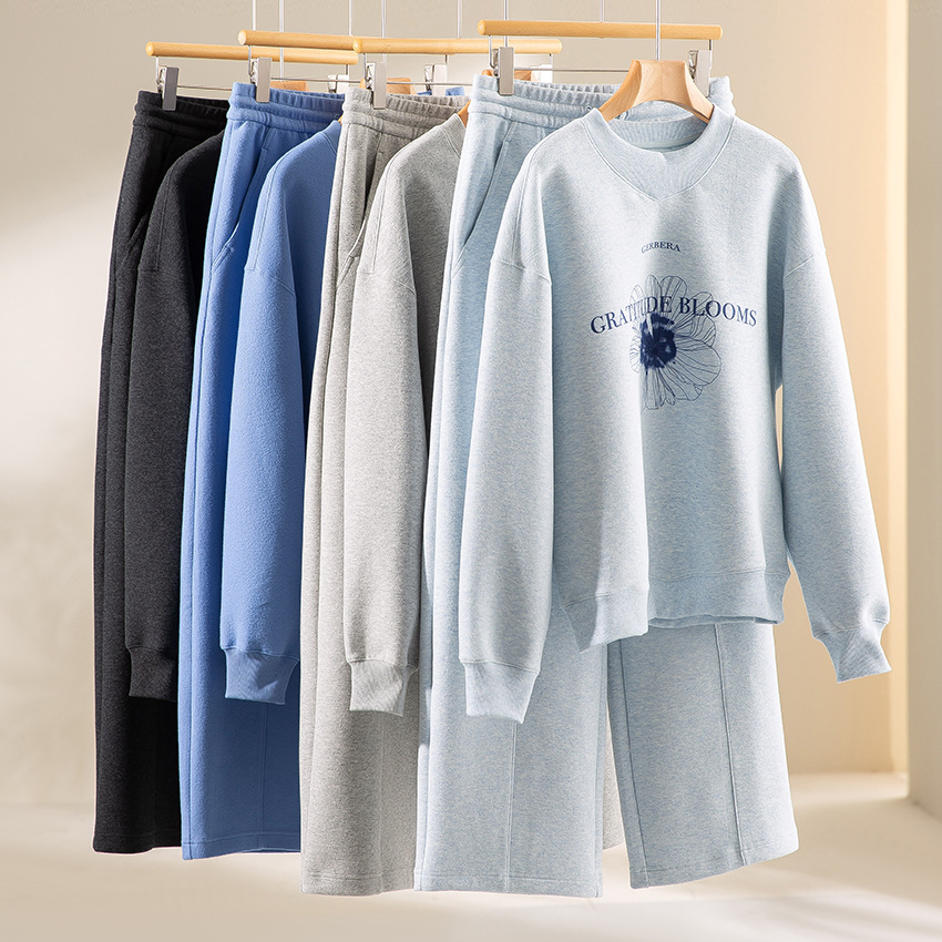 保暖加绒卫衣女圆领印花上衣直筒裤套装松紧腰裤子两件套秋冬女装