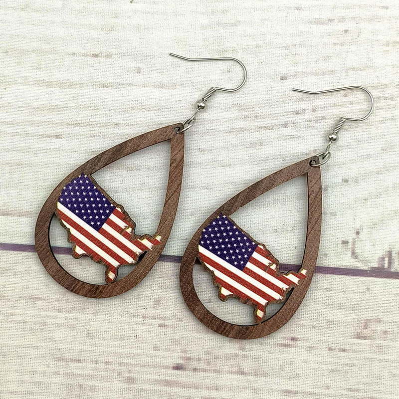 1 Pair Retro Simple Style National Flag Water Droplets Printing Wood Drop Earrings display picture 15