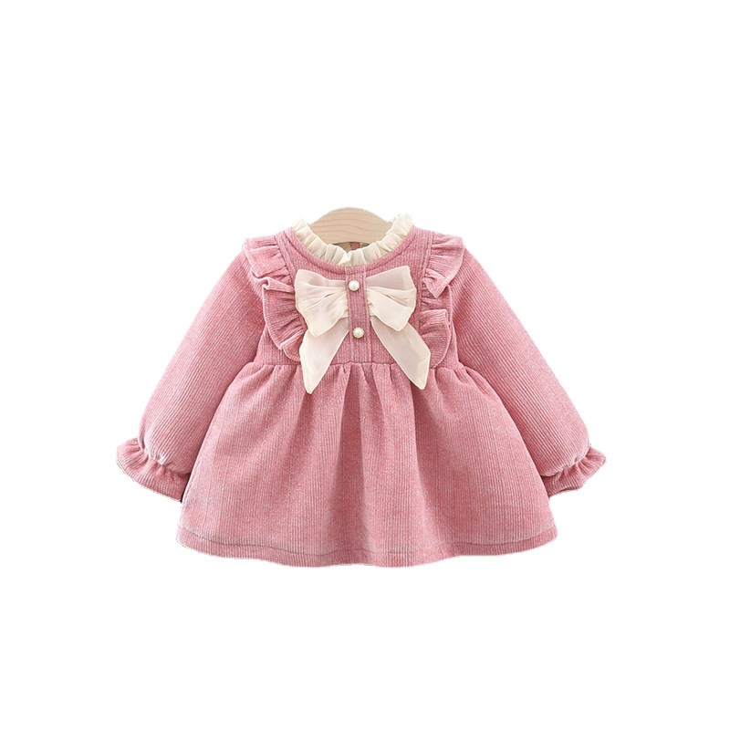 4092 Barnens höst/vinter ny koreansk utgåva rosett prinsessklänning flickbaby plysch kjol med nederkant_voghion.com