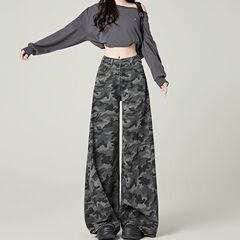 小柄なアメリカ式高街工装広脚迷彩ジーンズ女性レトロ高腰ゆるい痩せストレート長ズボン