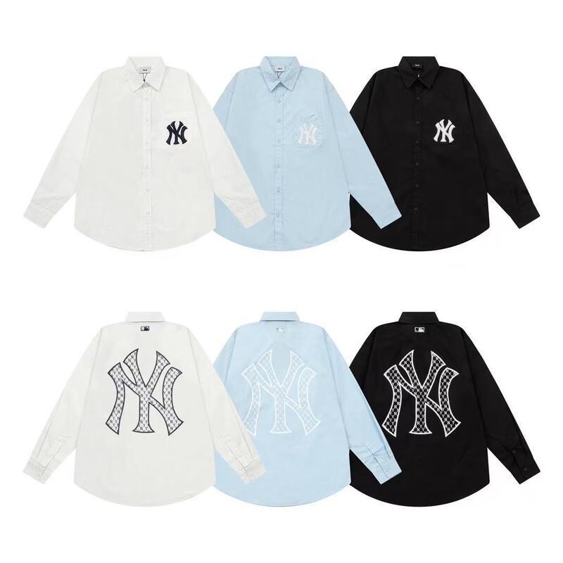 Fashionable Brand Mlb Autum New Woven Large Logo Presbyopic Shirt for Men and Women Couples Loose Casual Long-Sleeved Shirt T-Shirt
