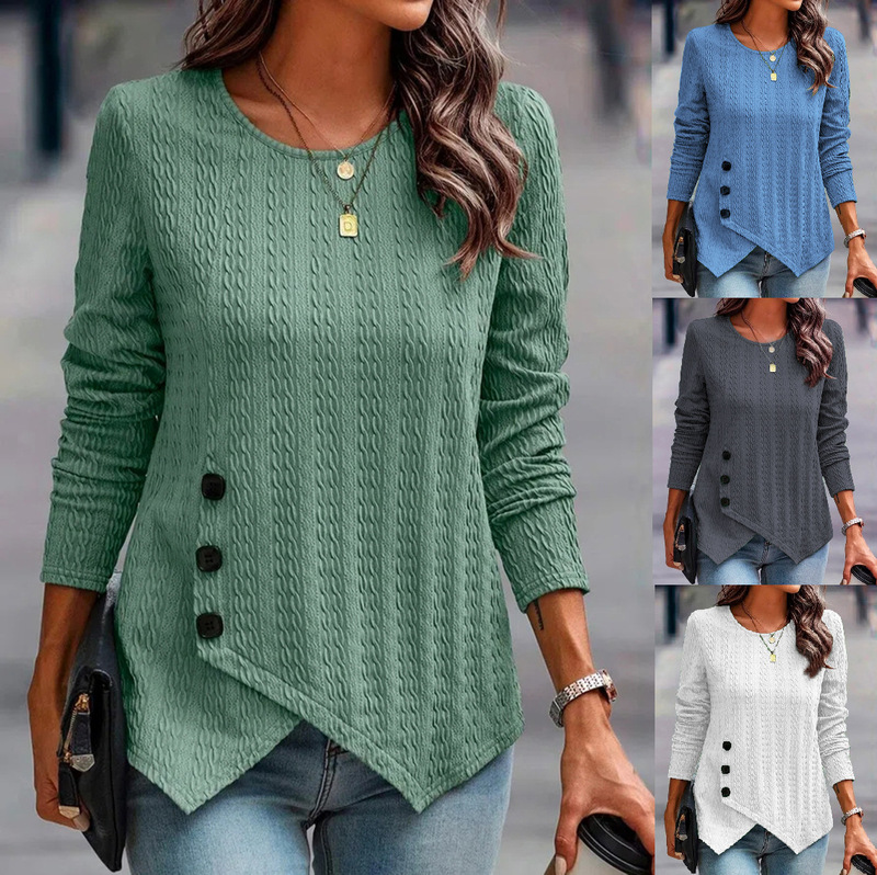 Cross-border New European and American Jacket Jacquard Long-sleeved T-shirt Retro Slim-fit Slimming Long-sleeved Crew Neck Button Knitted Sweater
