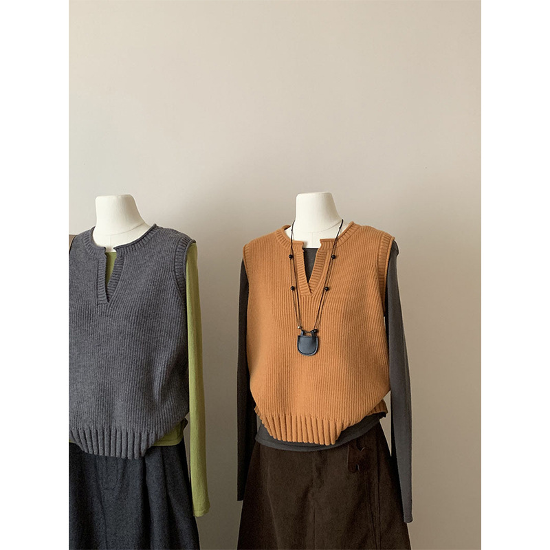 chao韩感 叠穿小V领马甲+长袖T恤两件套装秋冬外穿设计感上衣5526