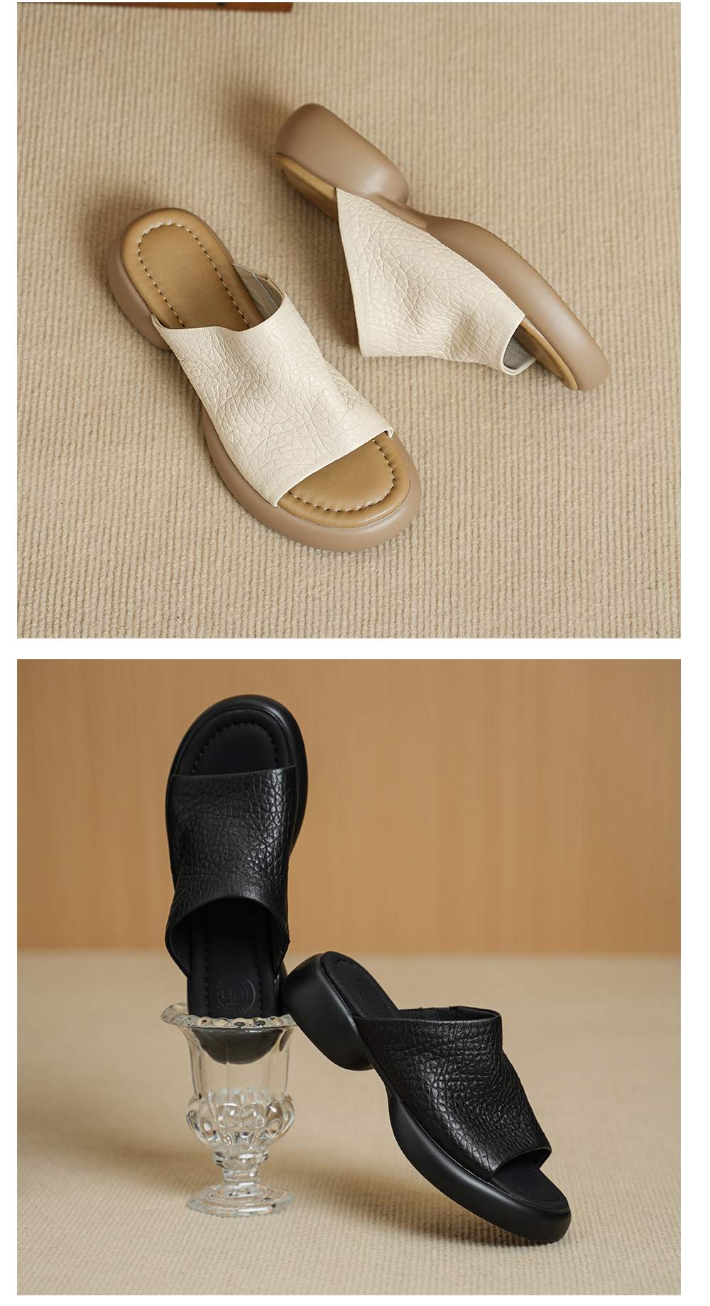 Dép sandal nữ quai chữ V đế dày da cừu khóa thắt lưng — đen chi tiết 15