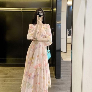 2025 New Summer French Floral Dress Chiffon Printed Sweet Waist Slimming Look V-Neck Mid-Length Skirt for Women