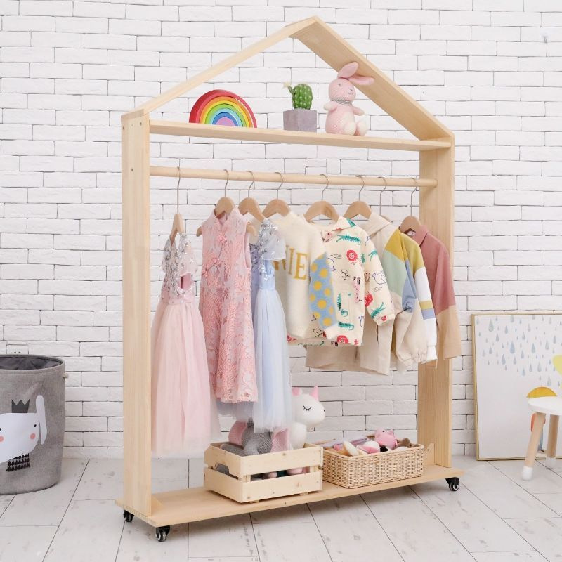 Solid wood storage small house floor-standing clothes rack for bedroom, children's floor-standing infant clothes rack, hanging rod, clothing rack
