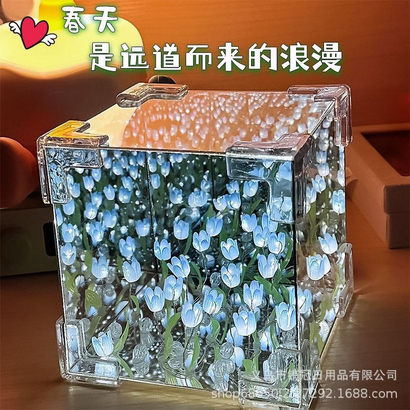 Kit de Materiales para Hacer una Lámpara de Noche con Espejo 3D en Forma de Cubo de Mar de Flores para el Día de San Valentín, Regalo Creativo de Cumpleaños para Novia