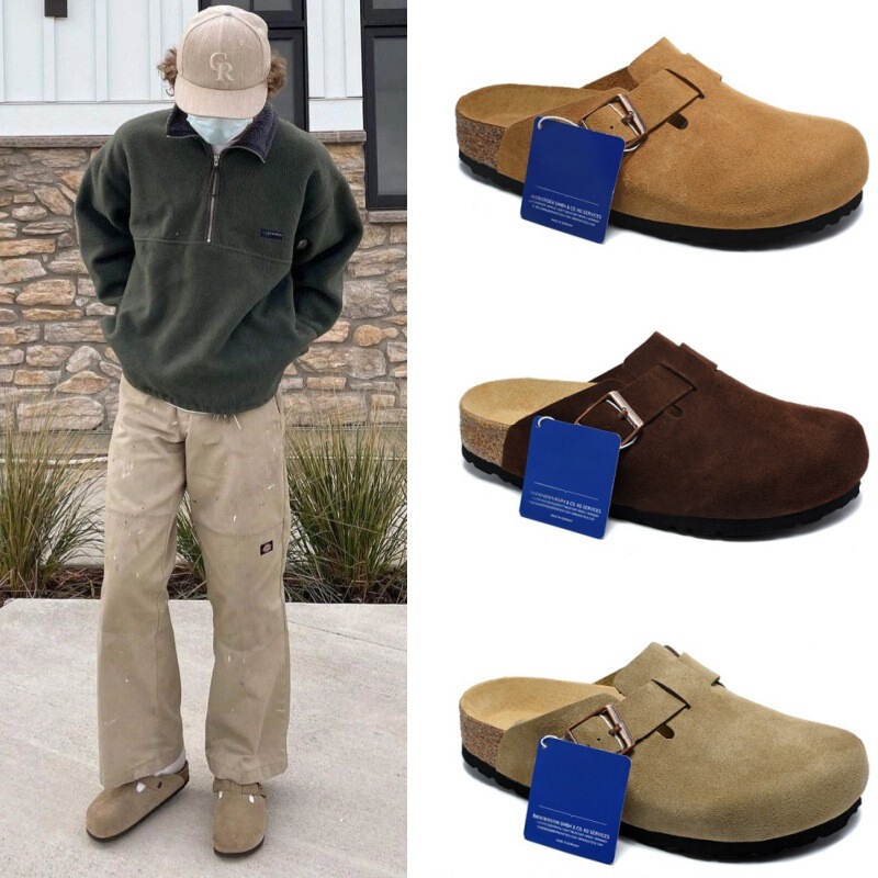 Wide Version Bk Birkenstock Boston Clogs, Genuine Leather Cork Sandals, Unisex Half-Slip Birkenstock Shoes, Wholesale for Export