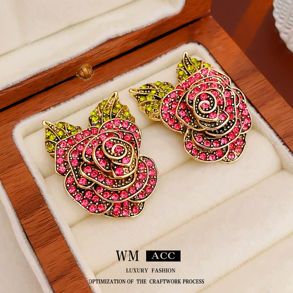 Red silver needle, earrings, flowered