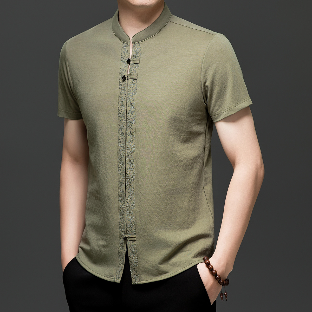 Men's Short-Sleeved Shirt Summer New Stand-Up Collar Trendy Retro Half-Sleeved Cardigan Chinese Style Casual Fashion Dad Wear