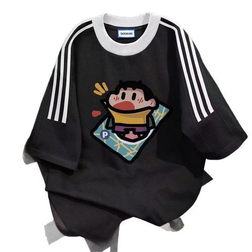 Special American Retro Three-Bar Short-Sleeve T-Shirt for Men and Women, Trendy Brand Letter Print Loose Half-Shirt