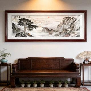 新中式客厅沙发背景墙装饰画办公室实木画山水风景画壁画大气挂画