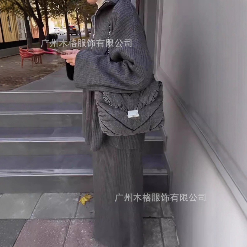 2025款秋外贸亚马逊热卖女装简约慵懒毛衣高级感纯色针织裙套装女|undefined