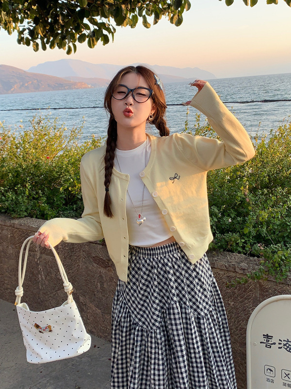 紫色毛针织开衫外套女2025新款外搭刺绣蝴蝶结独特针织毛衣上衣女|undefined
