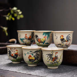 陶缘窑粗陶斗彩鸡杯 仿古陶瓷茶杯茶具功夫品茗杯 盖碗壶单杯茶盏