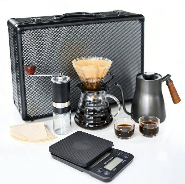 Seleccione un conjunto completo de cajas de almacenamiento de lujo para equipos de grado barista, un conjunto de café portátil al aire libre