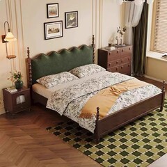 フランス風復古風実木ベッド中古風主臥二人1.8mベッド大背もたれ黒小戸型ソフトベッド