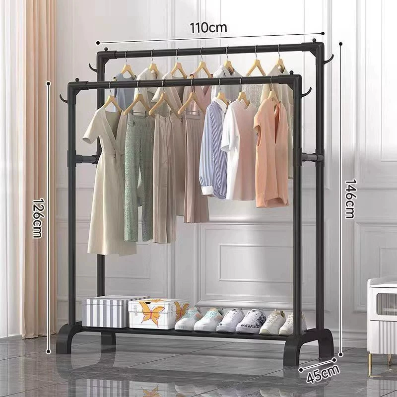 Folding 2-Tier Clothes Drying Rack with Bottom Shelf for Home or Dorm, Double Rail, Wheels, Black/White