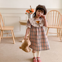 Bear Embroidery Grid Children's Dress 2024 Summer New Moss Edge Girls' Baby Dress Short Sleeve Dress