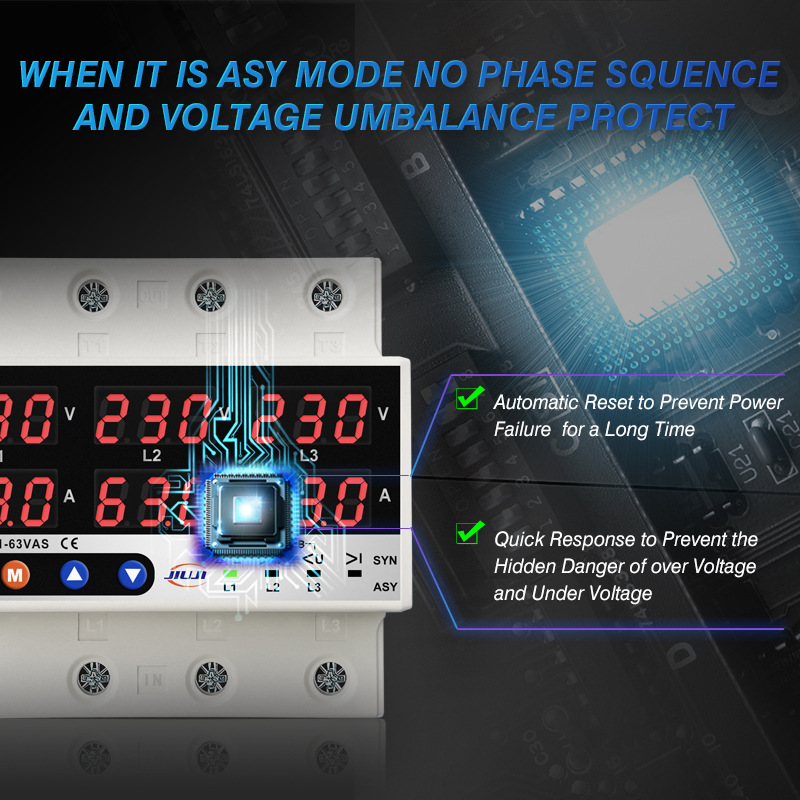 Three-phase adjustable digital display self-duplex over-voltage and under-voltage current limiting protector overload 63A missing zero missing phase 220V