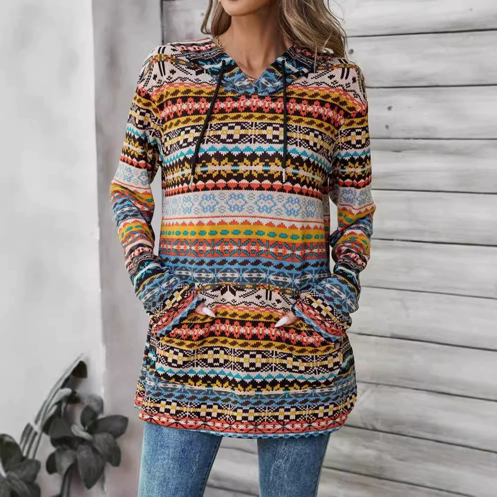 Европейский и американский племенной принт с капюшоном, повседневный топ с длинными рукавами, подходит для весны и осени, женская одежда