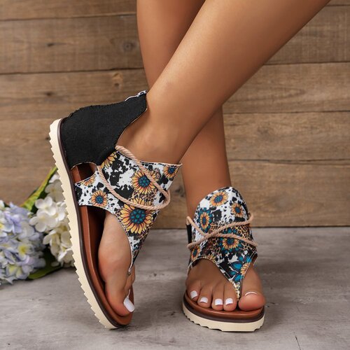 Large size sandals women's spring and summer new style clip toe print flat beach sandals Roman shoes