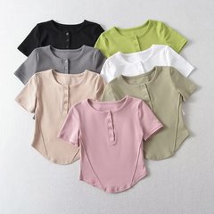 Euro-American chic summer short-sleeve front-buttoned round-hem T-shirt, slim-fit, cropped, waist-defined base layer top