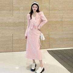 轻奢名媛小香风套装女年秋冬气质短款外套高腰遮肉长裙两件套