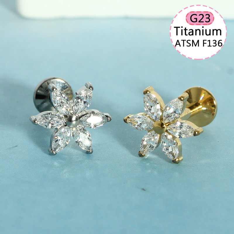 G23 Titanium Alloy Lip Piercing Jewelry Lip Ring Flower Stud Internally Threaded detail image 8