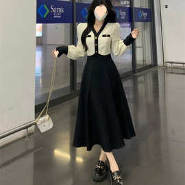 法式连衣裙女秋季新款大码女装感胖收腰显瘦赫本风长裙子纯色