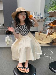 Girls dress summer new black and white striped splicing short-sleeved princess dress for children and middle-aged children