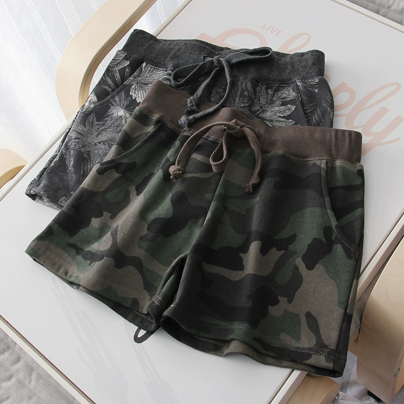 [Леди! Женские] летние парные камуфляжные шнурок с эластичной талией, хлопковые универсальные повседневные брюки, шорты, шорты
