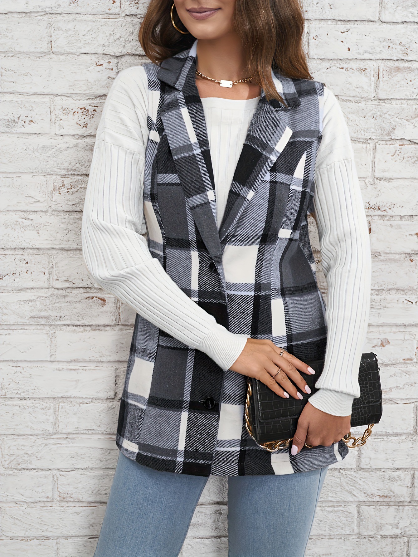Fashion women‘s lapel suit vest plaid jacket